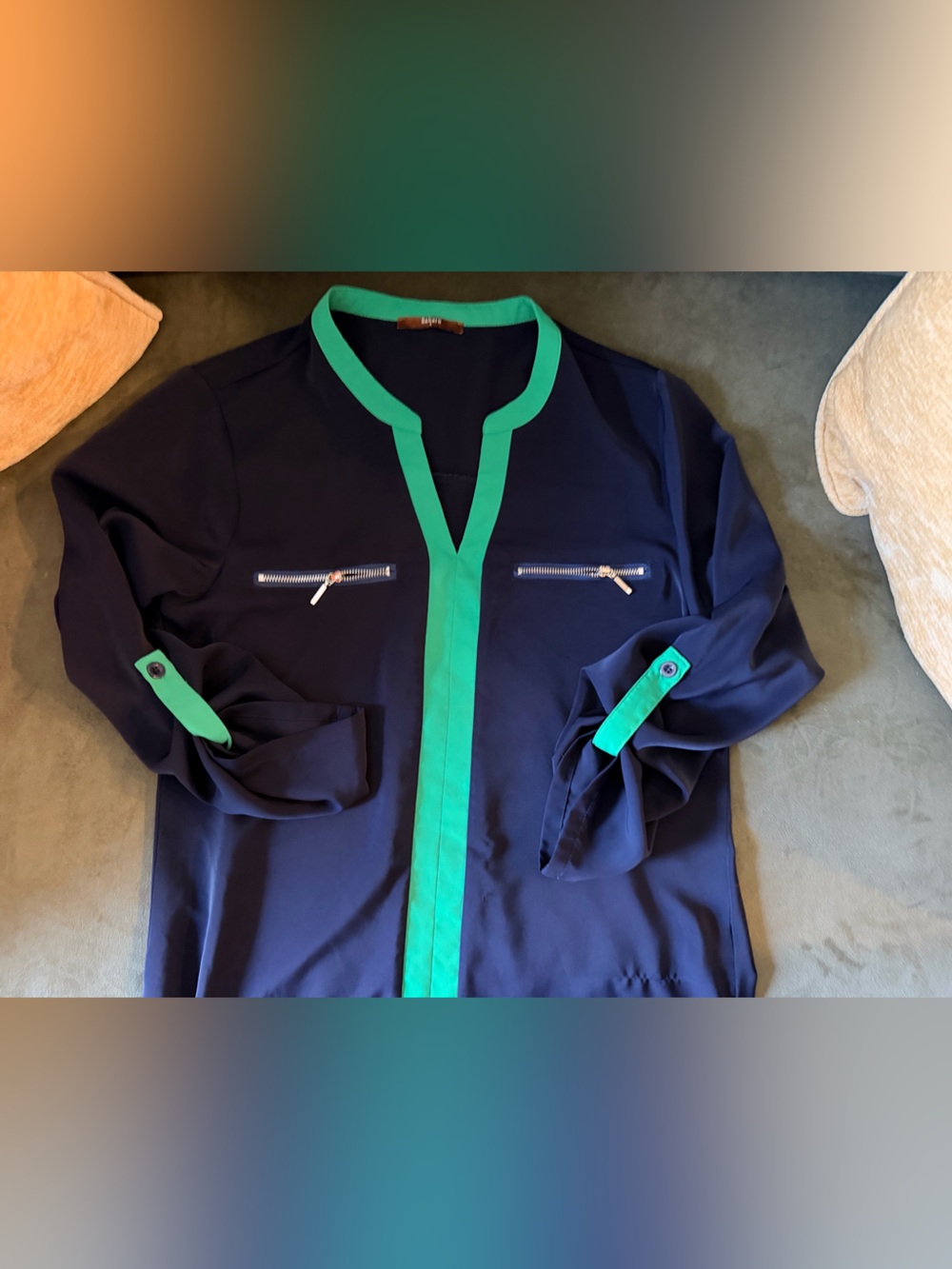 Navy Blue Women’s Blouse Shirt with Green Trim